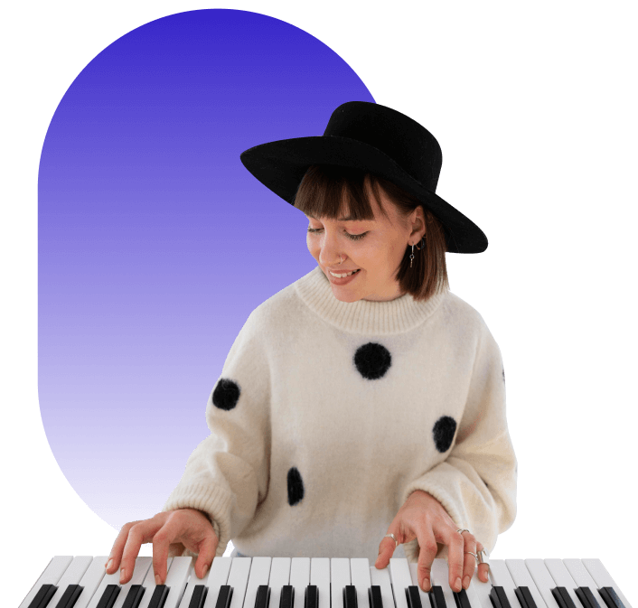 Woman playing piano in her living room