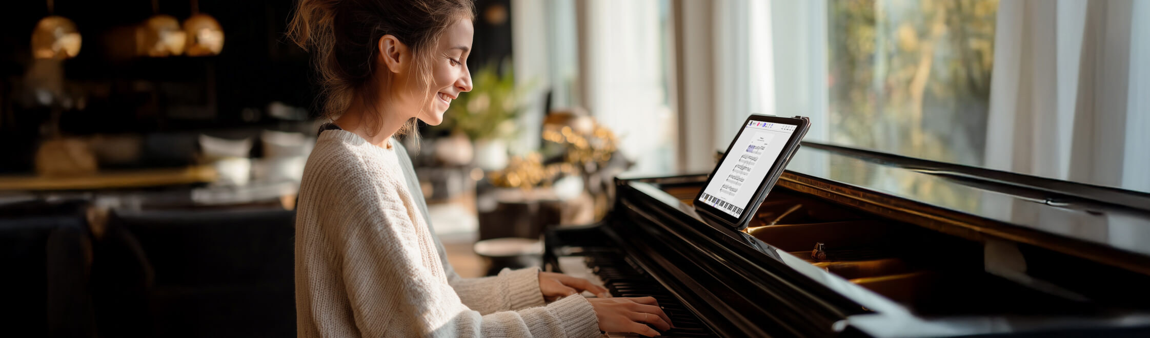 Woman playing piano in her living room