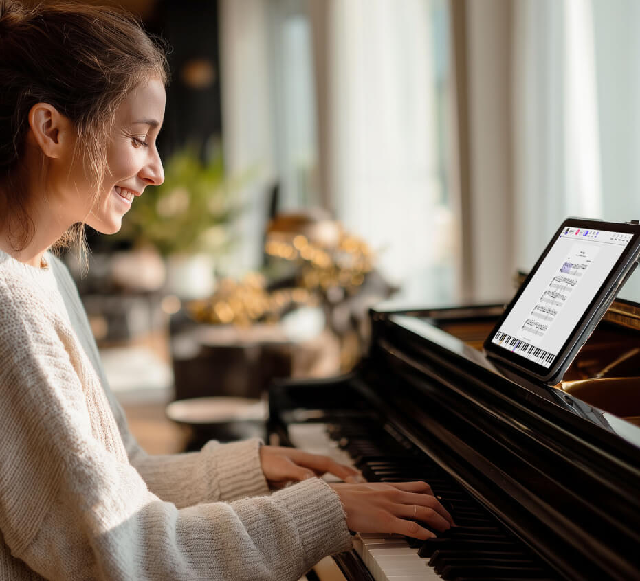 Woman playing piano in her living room