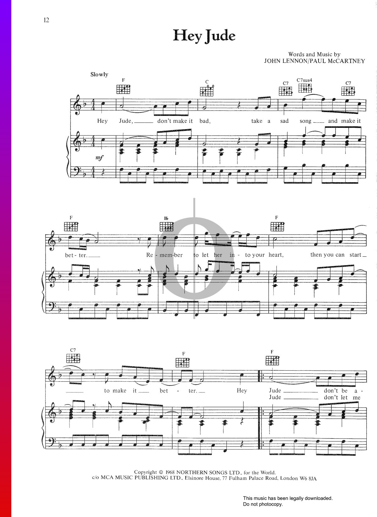 Hey Jude Sheet Music (Piano, Voice, Guitar) - PDF Download ...